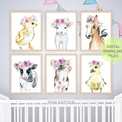Farm Animal Prints Girl Nursery Wall Decor set 6