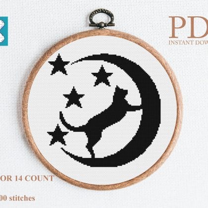 Cat on the moon cross stitch pattern