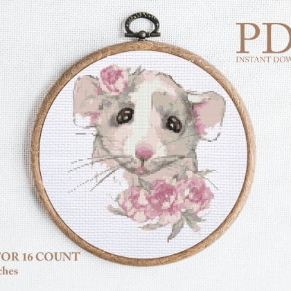 Mouse in flowers cross stitch pattern