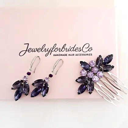 Dark purple bridal hair comb and earrings set Wedding jewelry