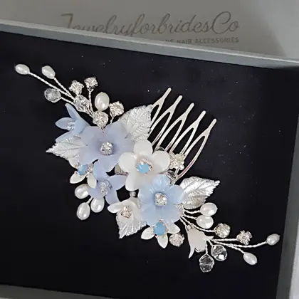 White dusty blue bridal hair comb Blue flower wedding hair piece