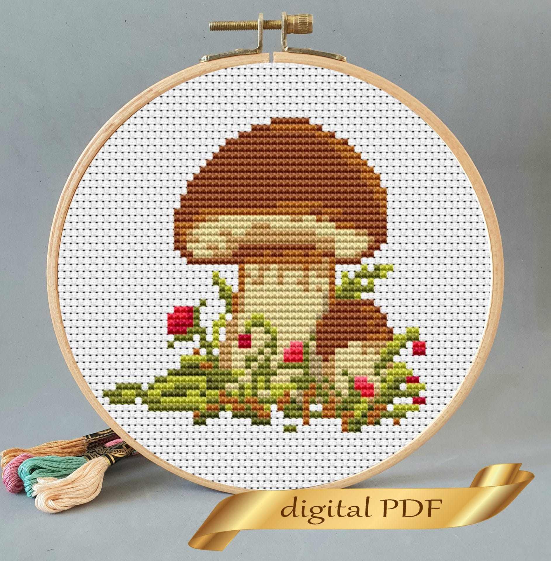 cross stitch mushroom house pattern, easy embroidery diy 1 mushroom pattern