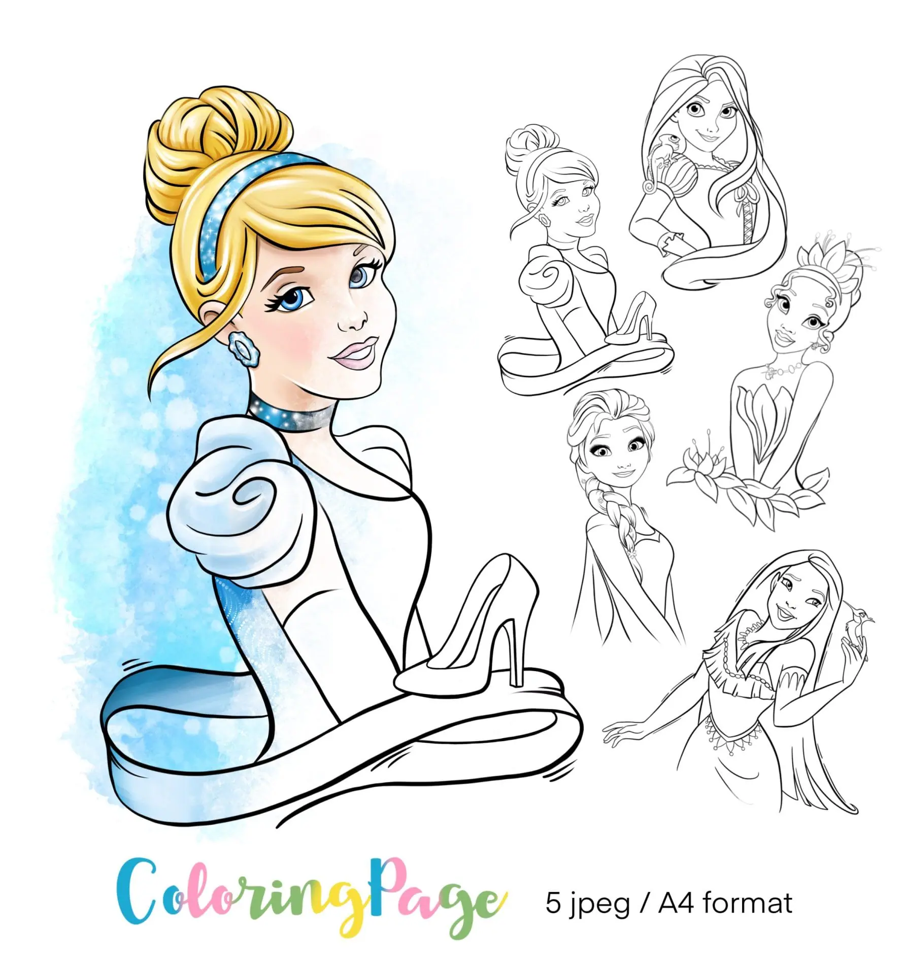 Princesses, coloring page, 5 files, A4 format 1 color.jpeg