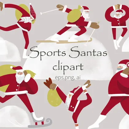 Christmas funny sports santas hand drawn clipart, eps, png, ai