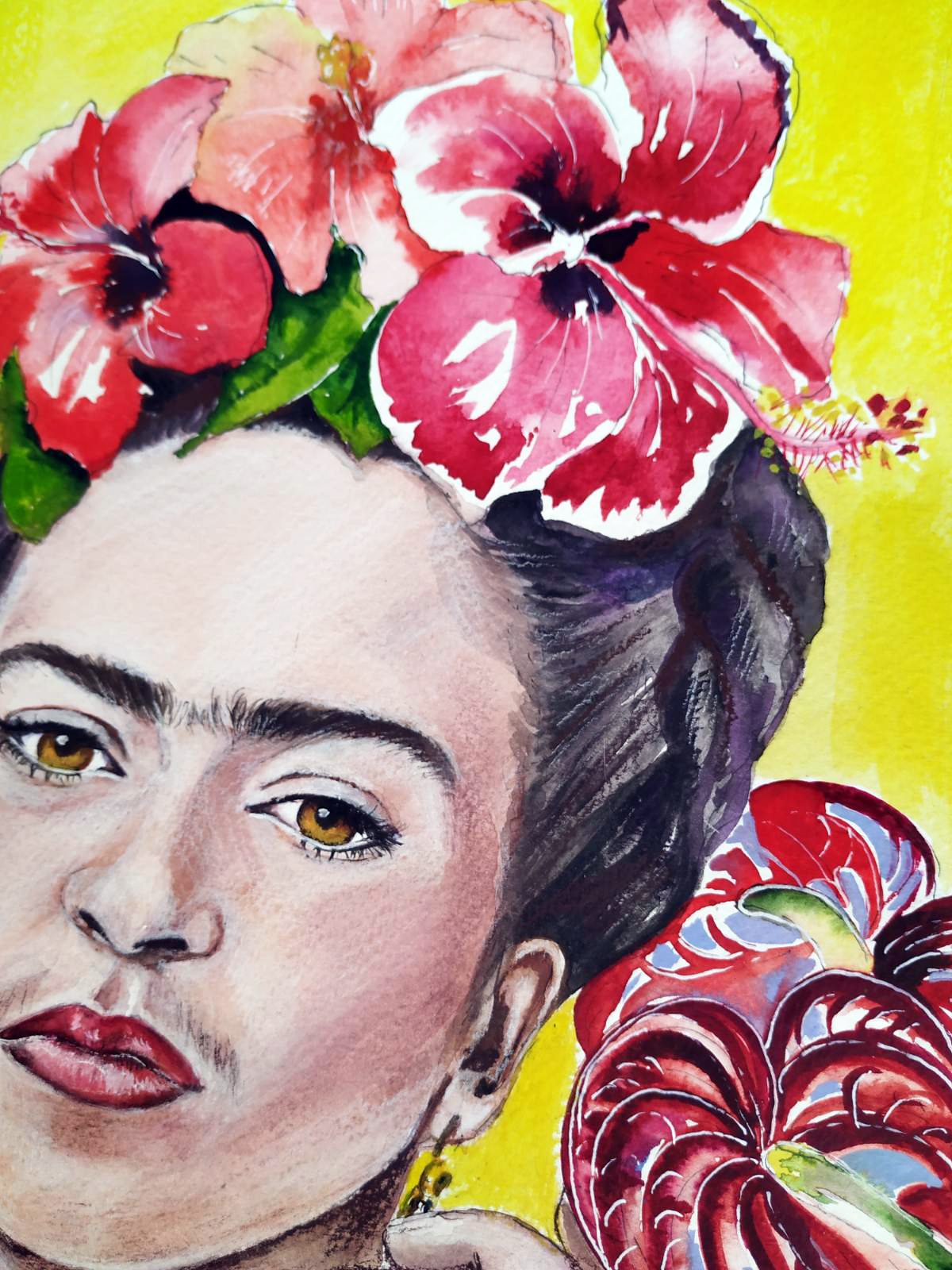 Frida Kahlo portrait with anthurium hibiscus flowers 3 Frida-Kahlo-portrait-anthurium-wreath