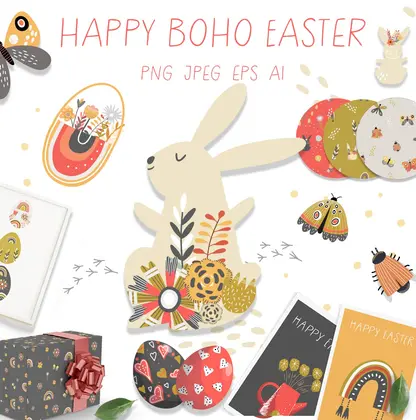Happy-Easter-boho-hand-drawn-clipart-DIGITAL-item