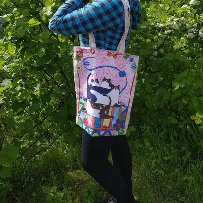 Strong reusable beige tote bag, cotton canvas bag with cats
