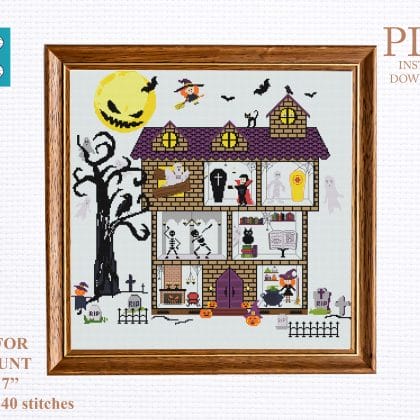 halloween monster house cross stitch pattern