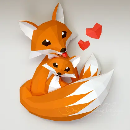 3d Papercraft–Little Fox and Mommy–PDF SVG DXF Templates