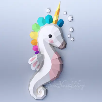 3d Papercraft – Seahorse Unicorn Wall Sculpture – PDF SVG DXF Templates