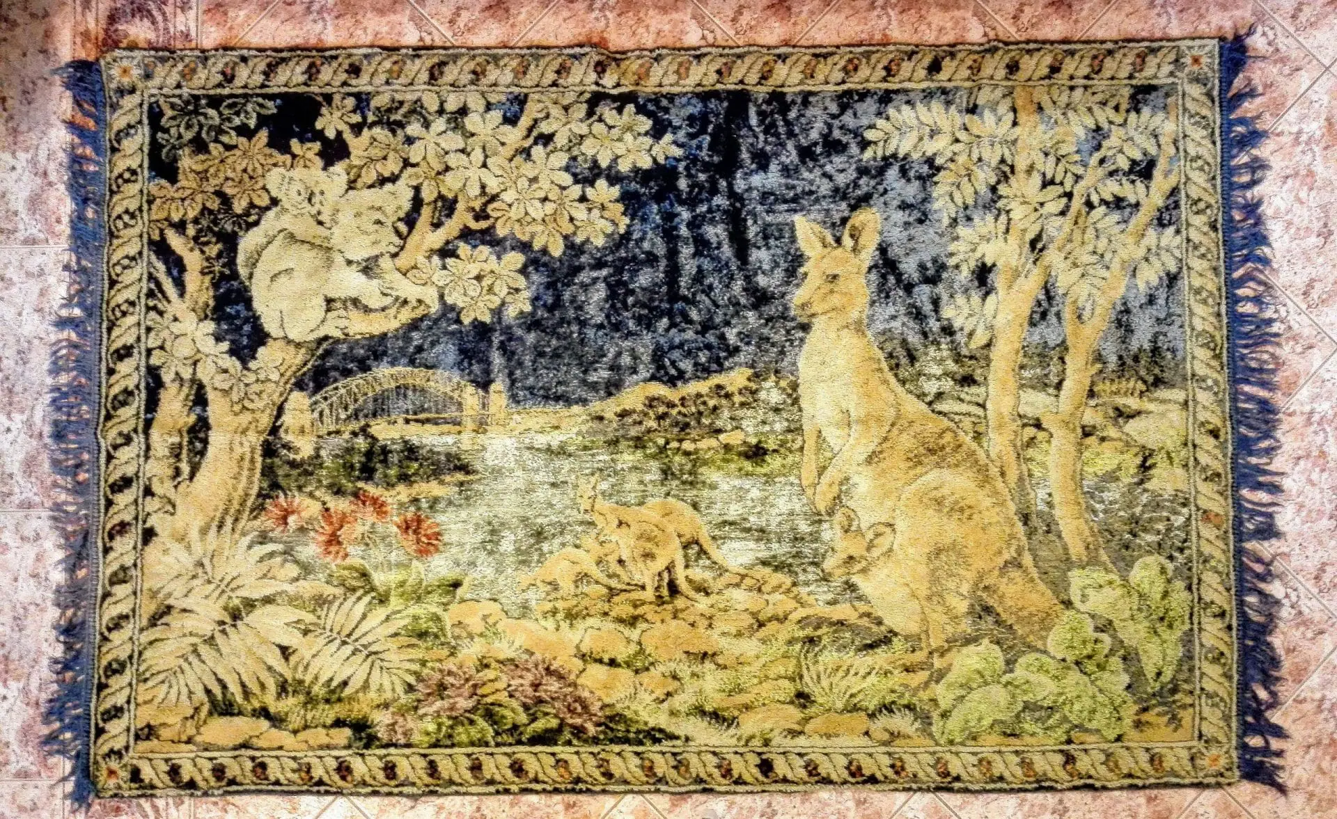 Vintage Gobelin Carpet Australia.Tapestry carpet Kangaroo.Koala 1 Velvet-cover