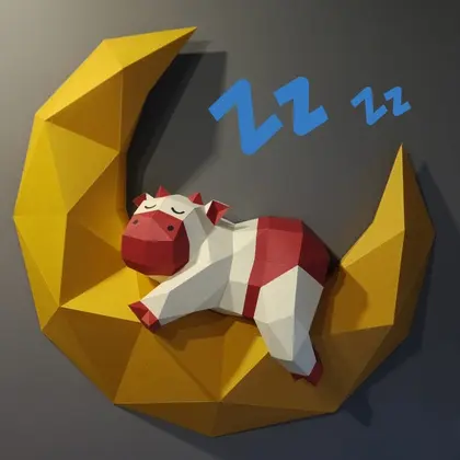 Eng A4 cow on the moon Polygonal Paper Boat
