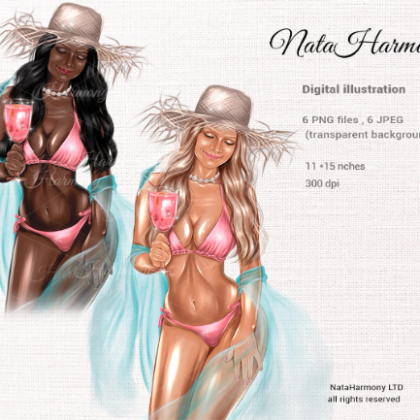 Clipart illustration girl in pink swimsuit and hat