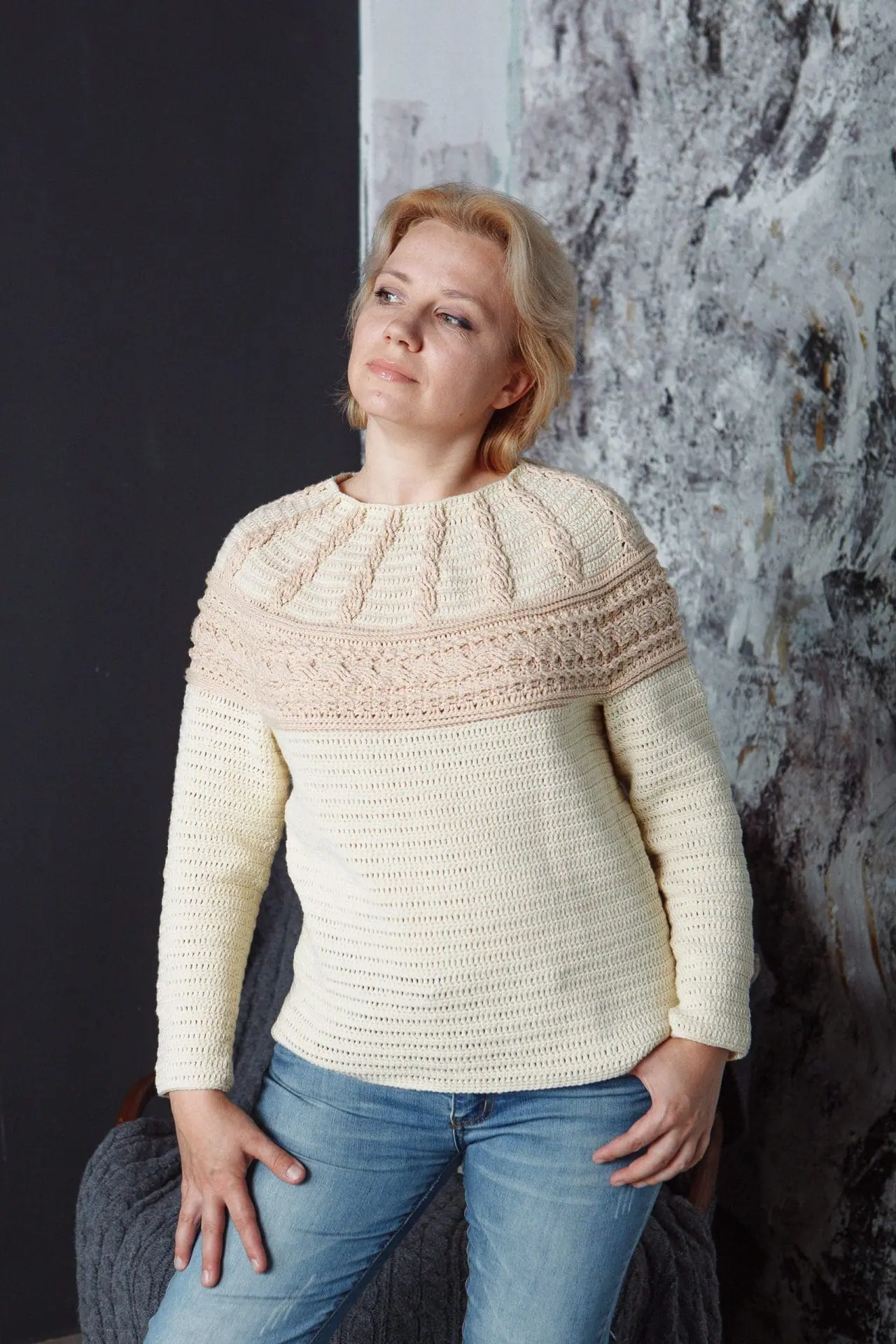 Top down cable yoke women pullover crochet pattern 1 Top down cable yoke women pullover crochet pattern