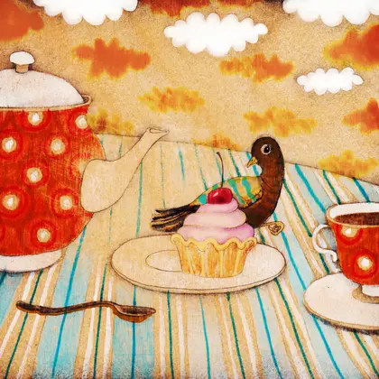 art print bird tea party
