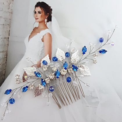 Sapphire blue wedding hair comb, Blue crystal bridal hair piece
