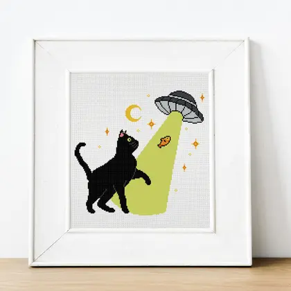 UFO cat cross stitch pattern PDF instant download.
