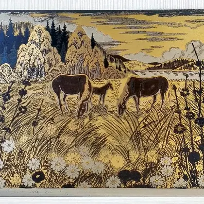 Horses Vintage Russian Painting.Antique Soviet Engraving on Steel