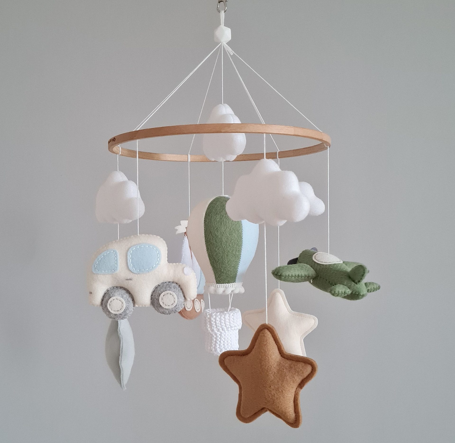 Transport baby boy mobile, airplane sailing boat hot air balloon 6 nursery