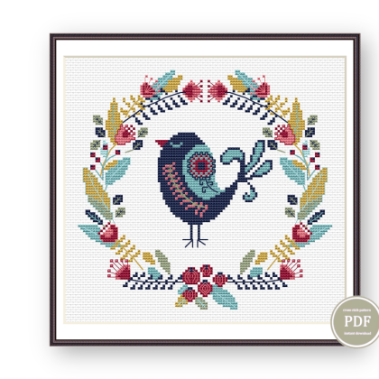 Nordic Cross Stitch Pattern Bird Primitive Nordic Style Embroidery Digital PDF File Instant Download 170