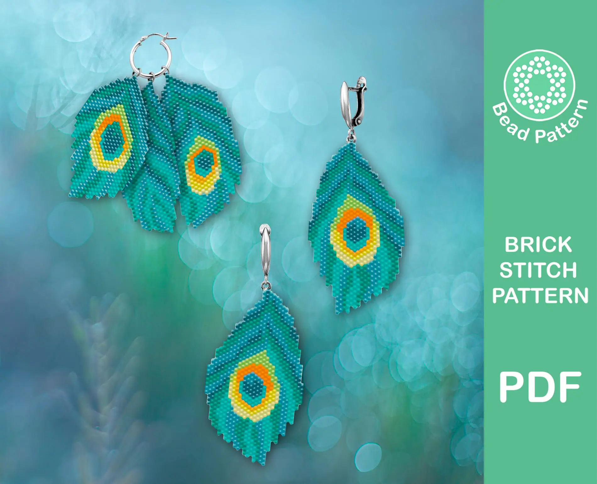 Peacock feather earrings brick stitch patterns Seed beads Miyuki Delica 1 Peacock feather brick stitch patterns
