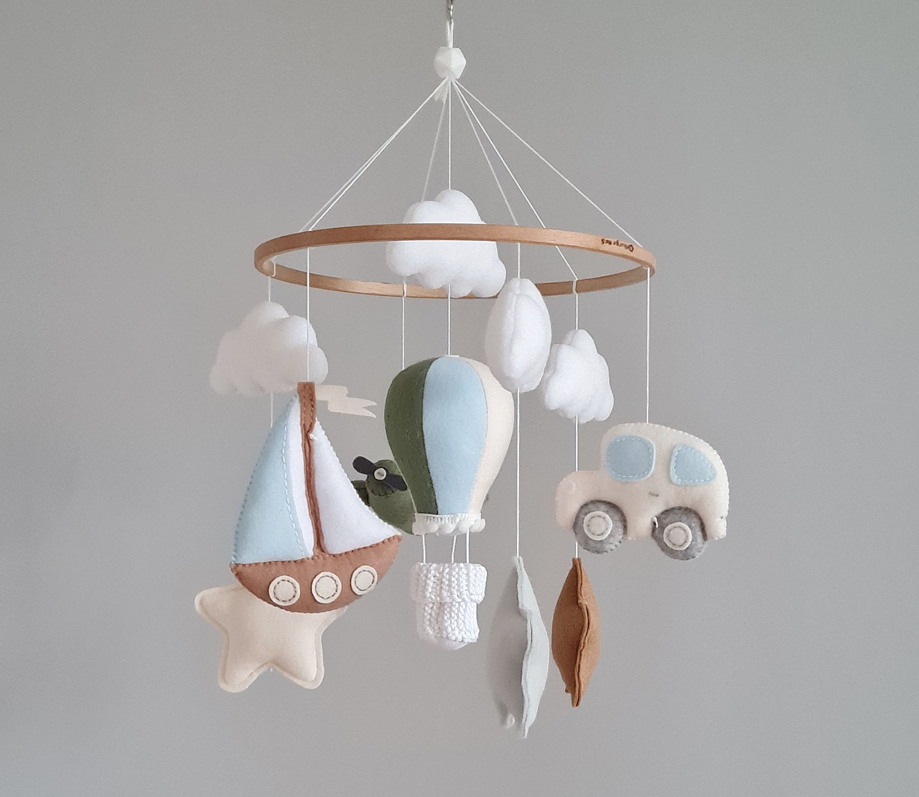 Transport baby boy mobile, airplane sailing boat hot air balloon 2 green nursery