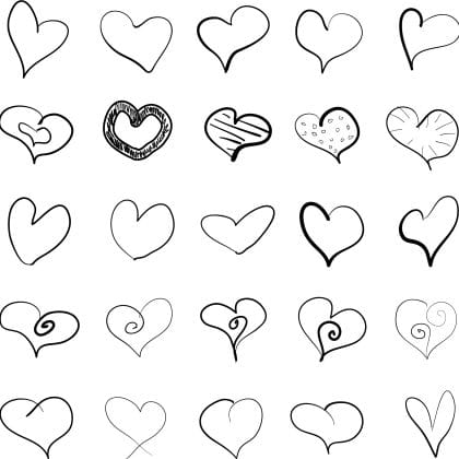 Stock Vector Graphics set Handwritten hearts 25 pieces
