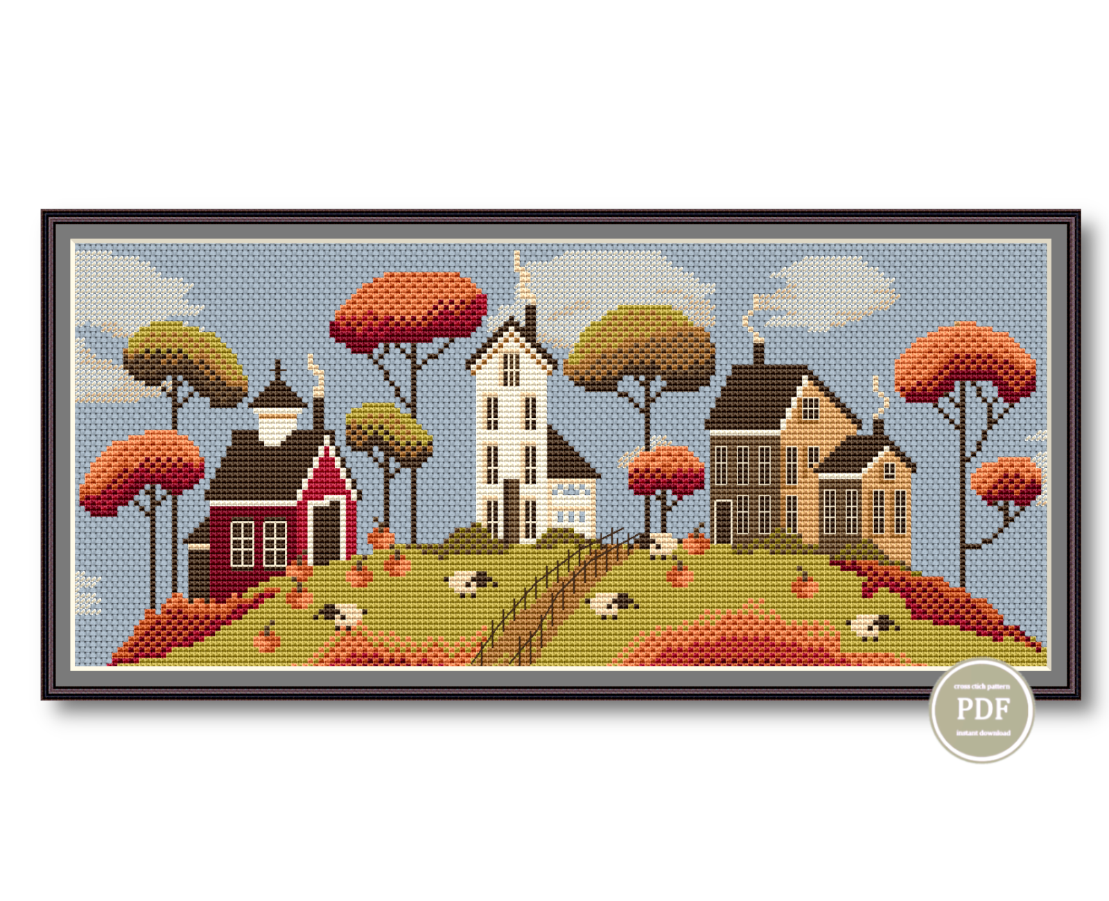 Cross Stitch Pattern Autumn Village Sampler Fall Pumpkins Sheep 185 1 185 Pattern Autumn Village