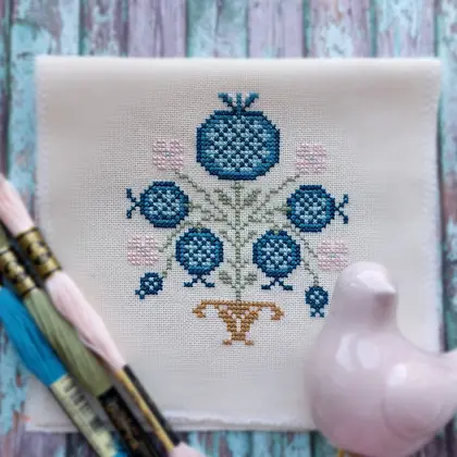 Blue Pomegranate cross stitch pattern PDF, Primitive Sampler