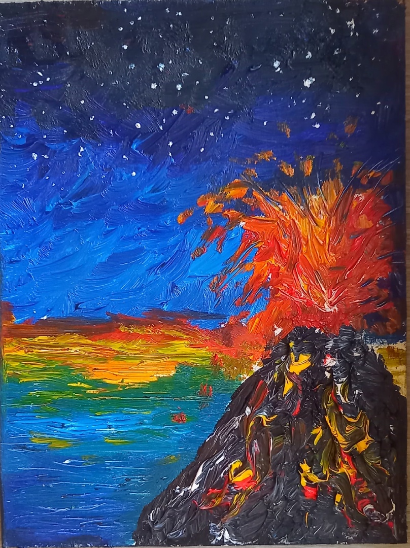 Erupting volcano oil painting 7/5*8/5 inch burning lava 2 Erupting volcano oil painting 7/5*8/5 inch burning lava - Image 2