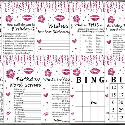 Pink glitter Birthday Games package, INSTANT DOWNLOAD