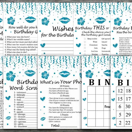 Blue glitter Birthday Games package, INSTANT DOWNLOAD