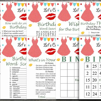 Polka dot dress Birthday Games package, INSTANT DOWNLOAD