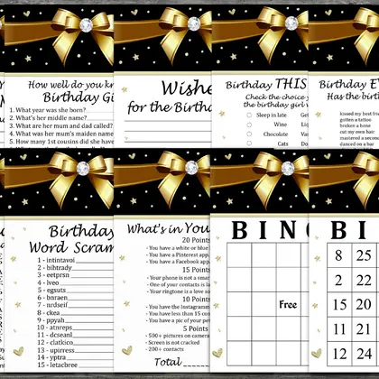 Golden bow Birthday Games package, INSTANT DOWNLOAD