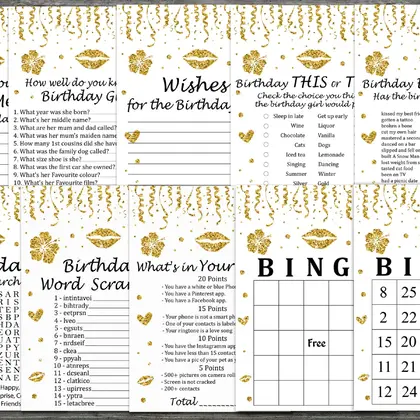Gold glitter Birthday Games package, INSTANT DOWNLOAD
