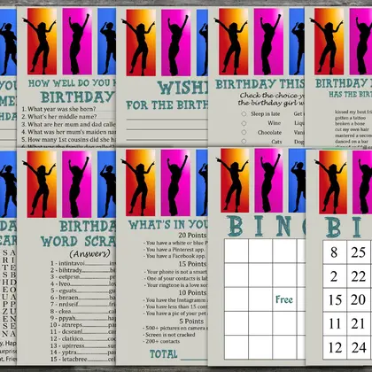 Dance party Birthday Games package, INSTANT DOWNLOAD