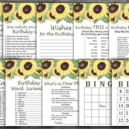 Sunflower Birthday Games package, INSTANT DOWNLOAD