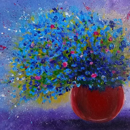 Blue abstract flowers in a vase on canvas 15*13 inches