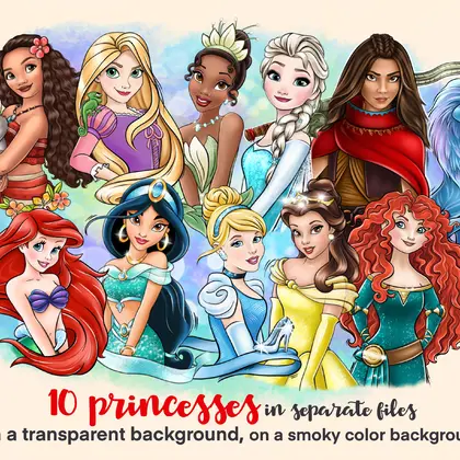 10 cartoon princesses in separate files, png illustration