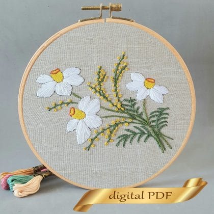 Embroidery daffodils and mimosa