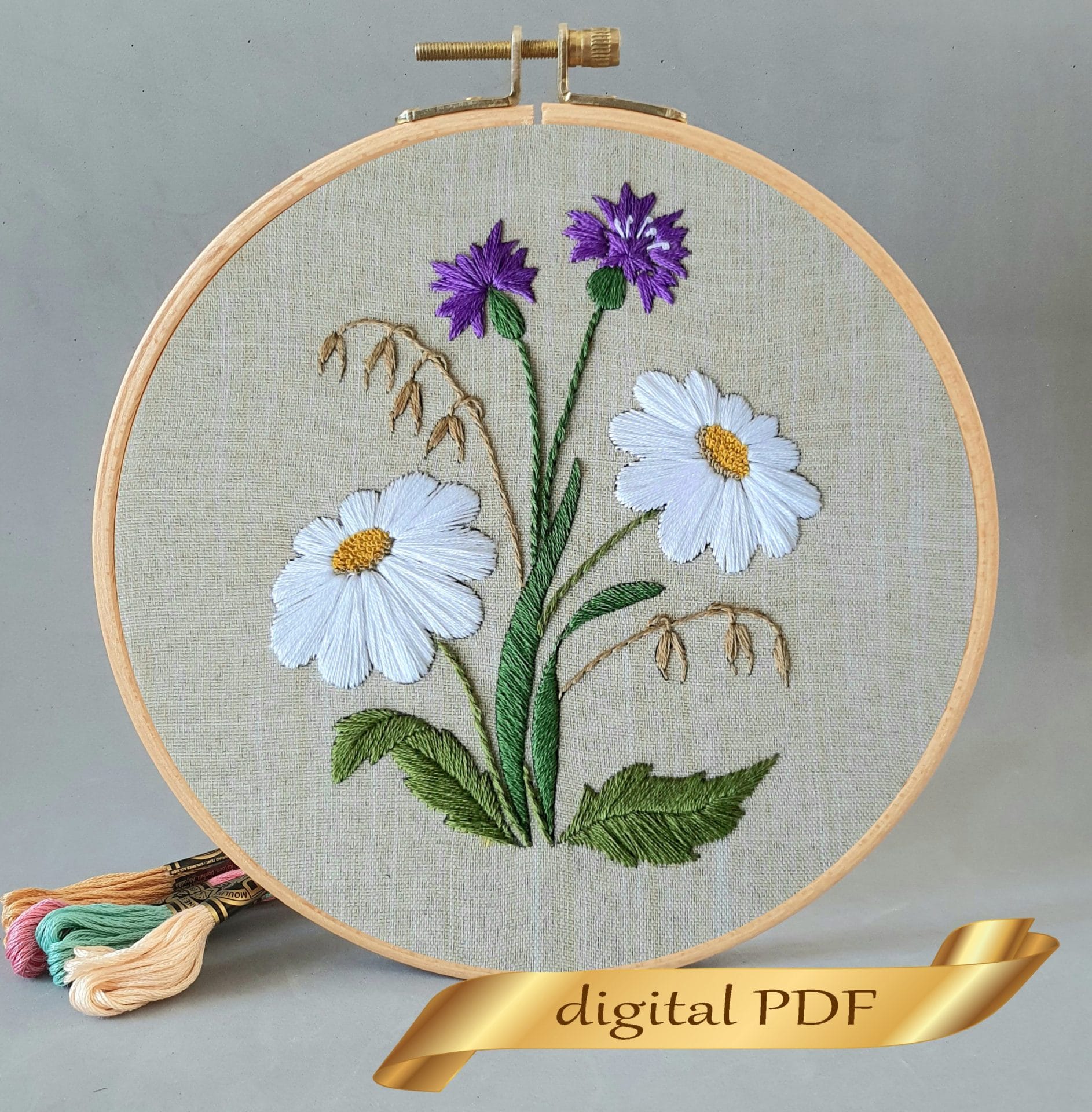 Chamomile and cornflower hand embroidery, Floral pattern pdf 1 Chamomile and cornflower embroidery