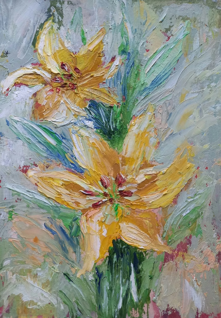 Lilies painting 6*8 inches garden oil art impasto by Yalozik 4 Lilies painting 6*8 inches garden oil art impasto by Yalozik - Image 4