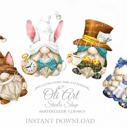 Alice in Wonderland gnomes, digital clipart png, сute characters