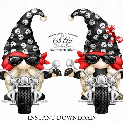 Biker gnome, biker girl, clipart png, сute characters