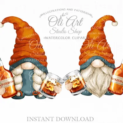 Gnome & Bourbon, digital clipart png, drinking gnome