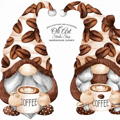 Gnomes & coffee clipart, сute characters, digital download