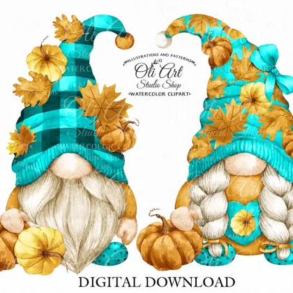Fall gnomes clipart, autumn pumpkins, buffalo