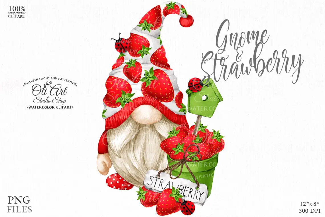 Gnomes & strawberry clipart, ladybug, cute character 1 Gnomes & strawberry clipart, ladybug, cute character