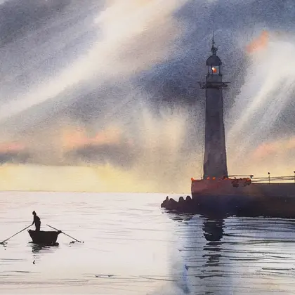 Lighthouse and sun rays - Original watercolor