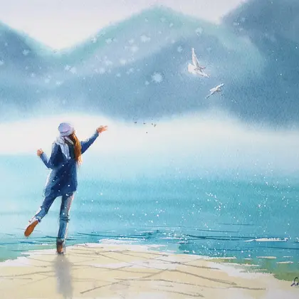 A girl feeds river gulls - Original watercolr